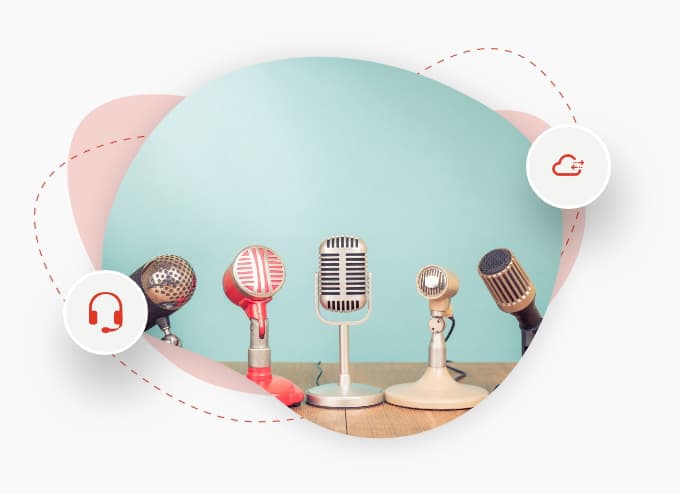Different types of mic's on the conference room table connected through cloud and voice applications.
