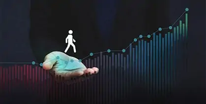 vector image walking over the statistics data with a man's palm placed below
