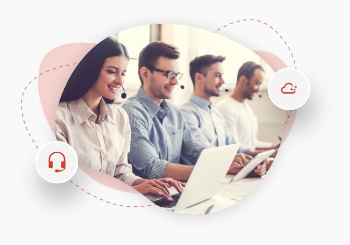 Multiple customer support executives happily addressing the customers for cloud and voice based applications in an office environment.
